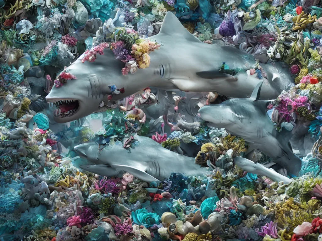 Image similar to a sculpture of ocean shark intertwined, a lovely cornucopia of flowers and human body parts, elegantly, highly detailed, octane render, cinematic, shock, sharp focus