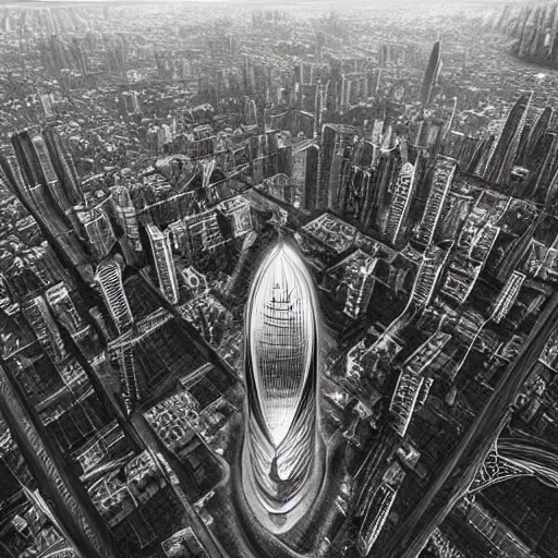 Image similar to an ultra detailed black and white matte painting of a lonely and impossibly tall ominous dark tower elevated high above the city, on an isolated plateau island in a river elevated high above the city fortress tower, fantasy capital city, ultrawide lense, aerial photography, volumetric lighting, exquisite detail, 8 k, art by artgerm and greg rutkowski and alphonse mucha