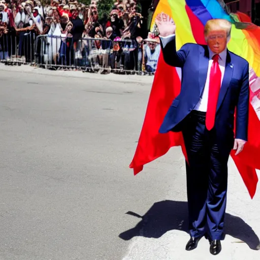 Prompt: donald trump at a pride parade where everybody cheers him on