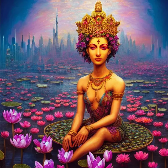 Prompt: Beautiful 3d render of the flower queen goddess sitting on a giant lotus, centered, symmetry, with the third eye on her forehead, painted, intricate, volumetric lighting, beautiful, rich deep colours masterpiece, sharp focus, ultra detailed, in the style of Dan Mumford and marc simonetti, with a clear crowded futuristic cyberpunk dubai city in the background, astrophotography