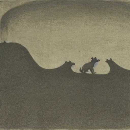 Image similar to giant hyena standing on a desert road at night, hard flash, by alfred kubin