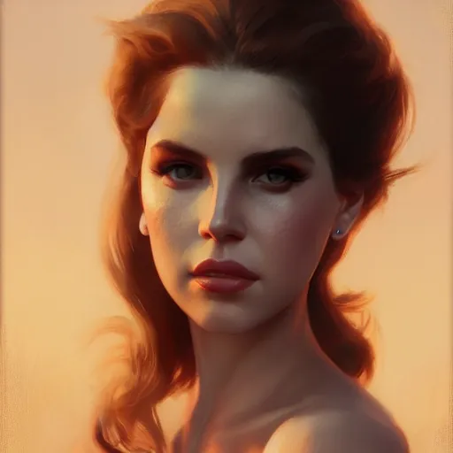 Image similar to lana del rey, illustrated by greg rutkowski and gaston bussiere, cgsociety contest winner, artstation, portrait image, photorealistic facial features, 4 k, 8 k, volumetric lighting, white backdrop