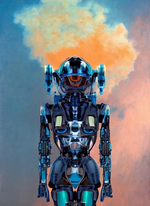 Image similar to ( ( symmetry ) ) closeup portrait of a chrome mech cyborg android stunning girl, racer jumpsuit with shoulder pads, cinematic light, teal orange, viscous volumetric smoke, mist, by gerald brom, by mikhail vrubel, by peter elson, muted colors, extreme detail, trending on artstation, 8 k