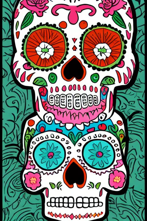 Prompt: Illustration of a sugar skull day of the dead girl, art by chris ware