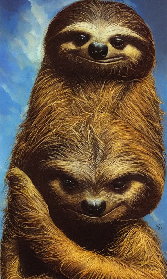 Image similar to ultra realistic portrait painting of a stoner sloth, art by frank frazetta, 4 k, ultra realistic, highly detailed, epic lighting