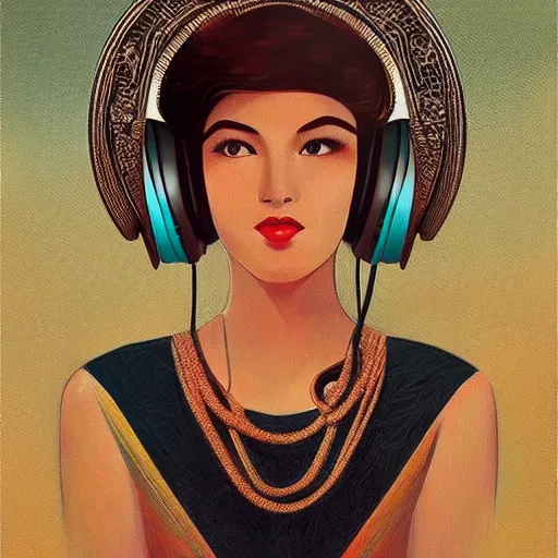 Prompt: intricate, amazing, art deco, retro vintage, painting by natelle quek, soft color palette, highly detailed, godess with headphones from space sci - fi of ancient religion