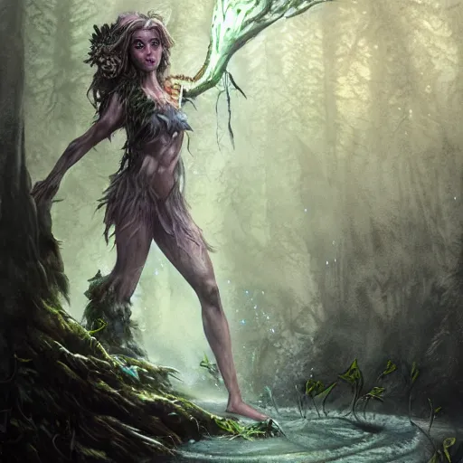 Prompt: high definition charcoal watercolor fantasy character art, hyper realistic, hyperrealism, luminous water elemental, forest dryad, woody foliage, 8 k dop dof hdr fantasy character art, by aleski briclot and alexander'hollllow'fedosav and laura zalenga