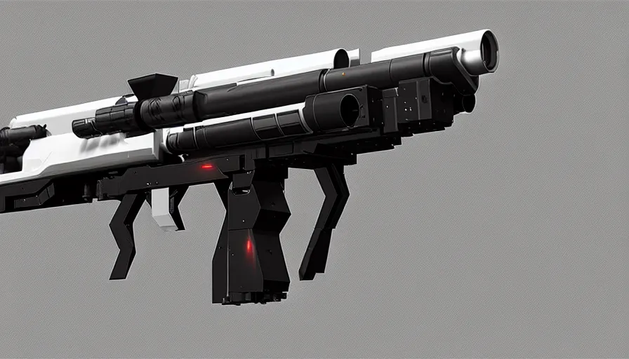 Prompt: extremely detailed realistic side view of a sci fi bullpup laser rifle, detailed trigger, chemically propelled, massive battery, smooth streamline, battery and wires, railgun, chemrail, gauss, elegant sleek smooth body, white paint, smooth utopian design, ultra high quality, minimalist, octane, cod, destiny, warframe, terminator