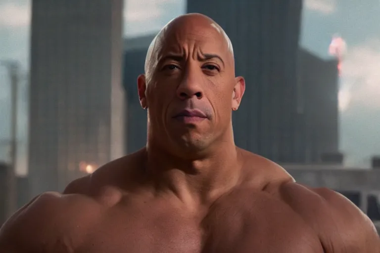 Image similar to vin diesel as dwayne johnson flexing and yelling let's go!, fast furious, low perspective, isometric perspective, cinematic still, movie still, long lens, shallow depth of field, bokeh, anamorphic lens flare, 8 k, hyper detailed, 3 5 mm film grain