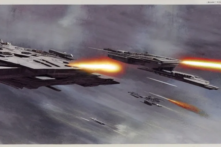 Prompt: ralph mcquarrie concept art, scene : the falcon and several fighters attack imperial ships. a star destroyer explodes. the victor limps away, its back half alive with a series of minor explosions. the rebel cruiser manages to move in next. before it explodes completely, taking the imperial star destroyer with it.