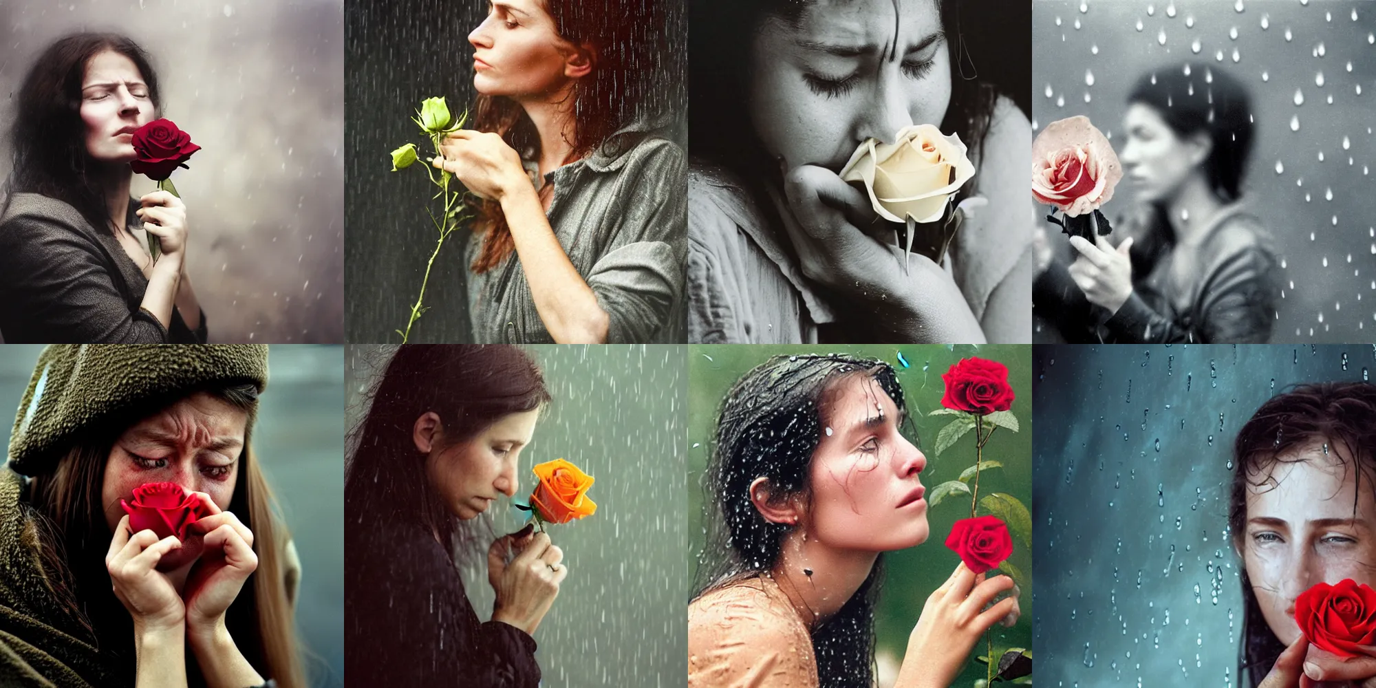Prompt: a close - up of a young teary - eyed woman clutching a small rose in the rain!!, photorealistic, photo by annie leibovitz, moody