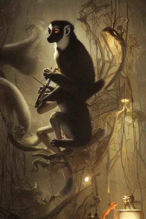 Image similar to lemur inventor, physically accurate, moody dynamic lighting, very very intricate, very very elegant, highly detailed, digital painting, artstation, HR GIGER, Hieronymus Bosch, Francis Bacon, concept art, smooth, very beautiful, sharp focus, illustration, art by artgerm and greg rutkowski and alphonse mucha