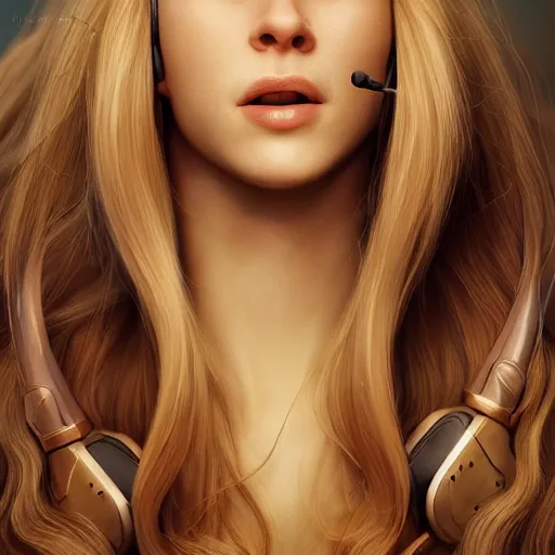 Image similar to epic action shot of beautiful swedish woman with symmetrical face stunning eyes and long blonde hair wearing headset laughing, weta disney pixar, hi - fructose, decadent highly - detailed digital painting, golden ratio, octane render, artstation, cinematic composition, smooth, sharp focus, artgerm, mucha, loish, wlop hdr