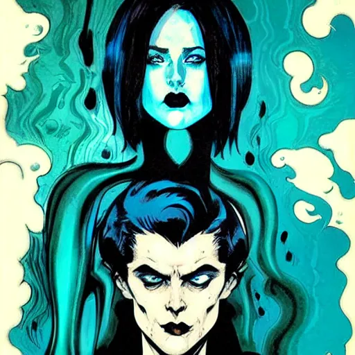 Image similar to Rafael Albuquerque comic book art, Norman Rockwell, pretty pale female Evan Rachel Wood, water demon, sharp teeth, long blue hair, blue and green, underwater, symmetrical face symmetrical eyes