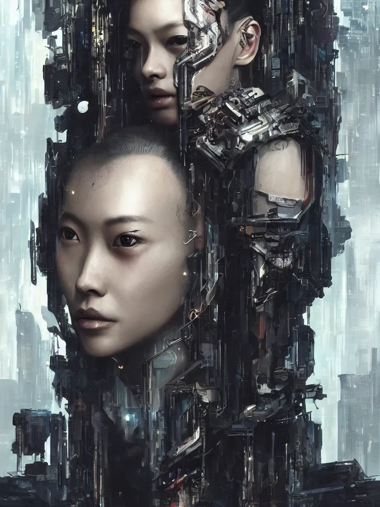 Image similar to a beautiful cyberpunk portrait of one tall stunning Asian cyborg model, in the movie Dark City, intricate, elegant, highly detailed, artstation, concept art, smooth, sharp focus, illustration, award-winning, masterpiece, in the style of Cedric Peyravernay