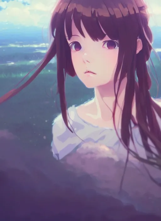 Image similar to portrait of cute girl, cloudy sky background lush landscape illustration concept art anime key visual trending pixiv fanbox by wlop and greg rutkowski and makoto shinkai and studio ghibli and gustav klimt