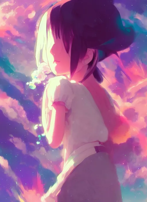 Image similar to portrait of a very cute girl blowing a vape cloud of psychedelic galaxies, illustration concept art anime key visual, very trippy and abstract, trending pixiv fanbox by wlop and greg rutkowski and makoto shinkai and studio ghibli and kyoto animation