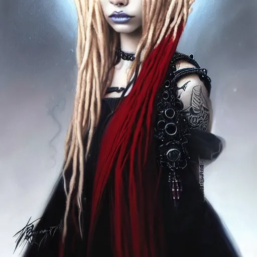 Image similar to photography flawless beautiful female instagram model with blonde and red dreadlocks in a black ballgown, dark, piercing eyes, exotic expression, esoteric clothing, photorealistic, highly detailed, mysterious lighting, artstation, smooth, sharp focus, art by artgerm, greg rutkowski and luis royo