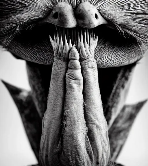 Prompt: Award winning Editorial up-angled photograph of Early-medieval Scandinavian Folk ostrich Baring its teeth and touching its face with its hand, with very long incredible hair and fierce hyper-detailed eyes by Lee Jeffries and David Bailey, 85mm ND 4, perfect lighting, a heart-shaped birthmark on the forehead, dramatic highlights, wearing traditional garb, With very huge sharp jagged Tusks and sharp horns, gelatin silver process