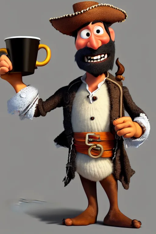 Prompt: portrait of the pirate blackbeard holding a cup of coffee, full body. pixar disney 4 k 3 d render funny animation movie oscar winning trending on artstation and behance. ratatouille style.