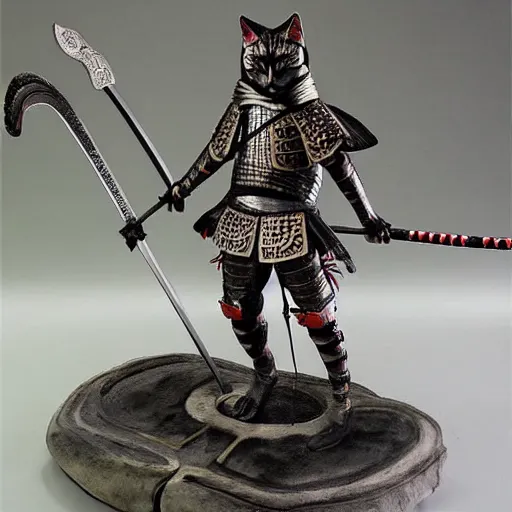 Prompt: cat warrior statue in samurai insect armor, realistic painting.