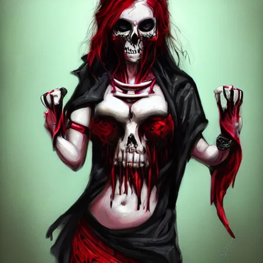 Prompt: Female death. holding a red and black skull. with the top cut off in one hand up to her face like hamlet, kodachrome, high contrast, highly detailed, sharp focus, digital painting, concept art, illustration, trending on artstation,