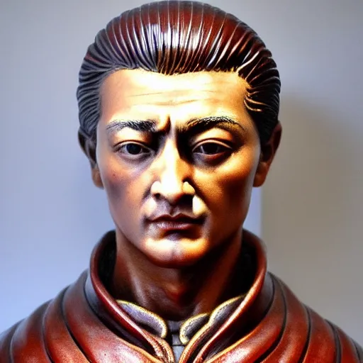Prompt: museum young van damm portrait statue monument made from porcelain brush face hand painted with iron red dragons full - length very very detailed intricate symmetrical well proportioned