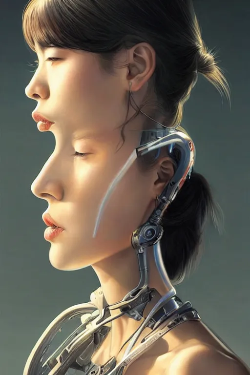 Image similar to Photorealistic illustration, 3/4 view of Korean fashion model with cybernetic neck, cyberpunk 2077, sci-fi, futuristic, intricate, elegant, highly detailed, digital painting, artstation, concept art, smooth, sharp focus, art by artgerm, greg rutkowski and alphonse mucha