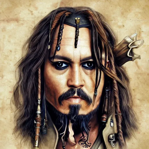 Prompt: portrait Jack Sparrow dressed like Harry Potter at Hogwarts, fighting Voldemort, masterpiece, trending on artstation, intricate detail