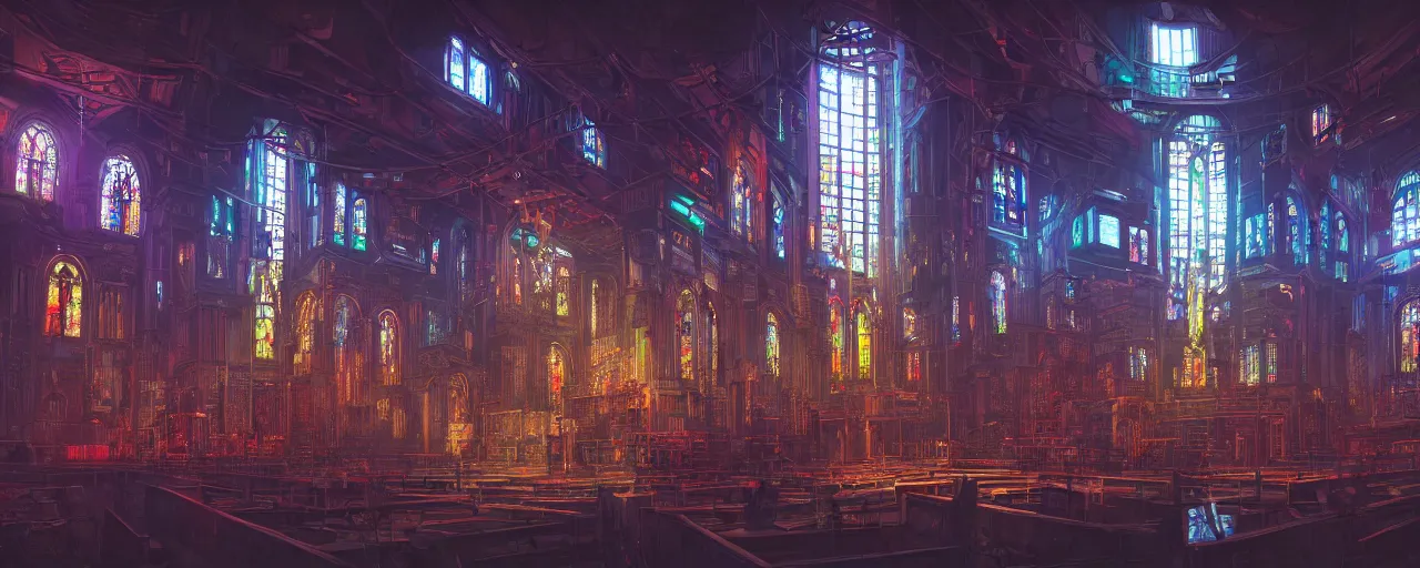 Image similar to A cyberpunk church, by Naomi Okubo, landscape, dramatic lighting, high contrast colors, panoramic view, as trending on Artstation, highly detailed,