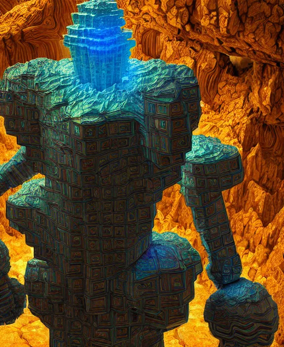Image similar to giant art of fractal bismuth golem consists of bismuth geodes, fractalization, extremely high details, masterpiece, photorealistic, hyperrealism, vray, octane render, volumetric lighting, depth of field, bokeh, artstation, cgsociety by johannen voss, michael whelan, greg broadmore, frank frazetta