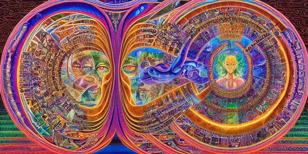 Image similar to memory palace, masterpiece composition, 8 k resolution, ultra fine illustration, art by alex grey and tokio aoyama, highly detailed,