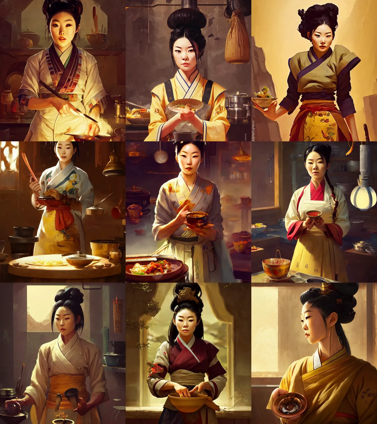 Prompt: a portrait of arden cho chef character in a scenic k - pop kitchen environment by marco bucci and greg rutkowski and frank frazetta, sharp focus, detailed, cinematic, golden ornate hanbok