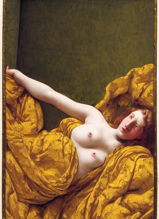 Image similar to masterpiece portrait of lady reclining on bed wearing yellow ochre ornate medieval dress, vertical, foreshortening, colour photography by frederic leighton, william morris, 8 k