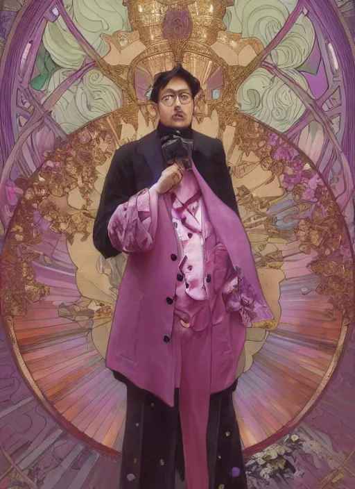 Image similar to Filthy Frank in a Celestial royal pink suit, luxurious theme, meme, funny, sigma male, accurately portrayed, portrait art by alphonse mucha and greg rutkowski, highly detailed, digital painting, concept art, illustration, dim lighting with twilight rays of sunlight, trending on artstation, very detailed, smooth, sharp focus, octane render, close up