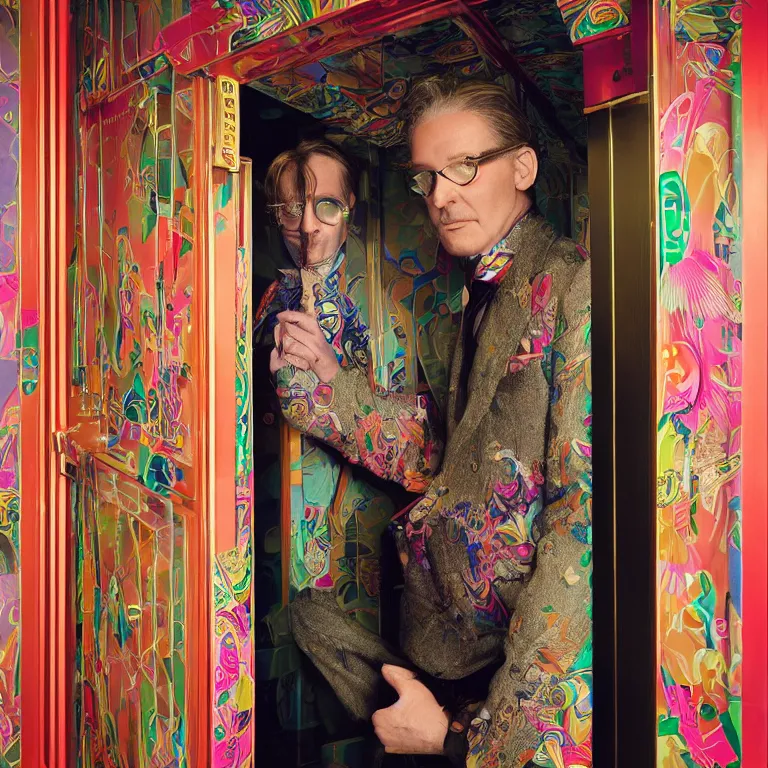 Image similar to vogue photoshoot octane render portrait by wayne barlow and carlo crivelli and glenn fabry, a handsome eccentric man in a bright colorful patterned pastel wes anderson elevator operator costume inside a dark and moody vintage elevator in a high - end exotic vintage boutique hotel, very short depth of field, bokeh