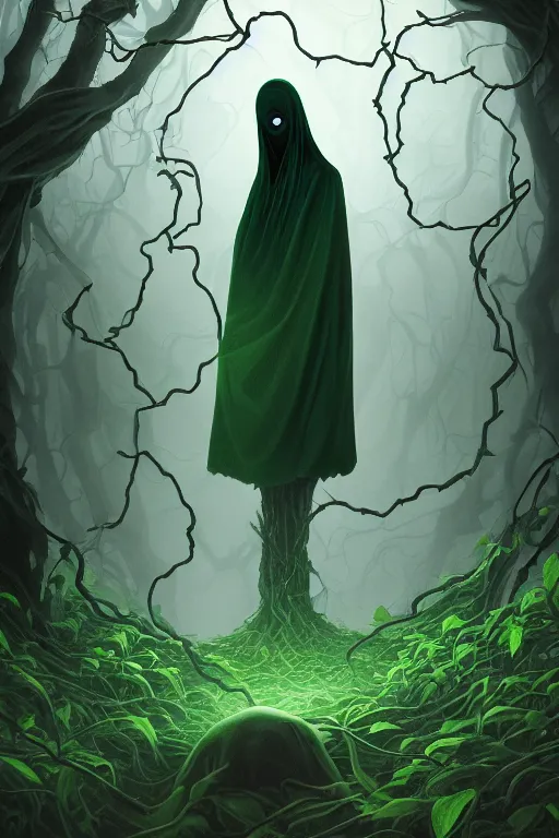 Image similar to A full body portrait of a ghost like character with no face, glowing eyes and a very long hooded dark green cloak made of leaves and vines, forest spirits flying in the background art by Shaddy Safadi and Jason Chan, ominous, cosmic horror, trending on artstation, Ultra detailed, hyper realistic 4k