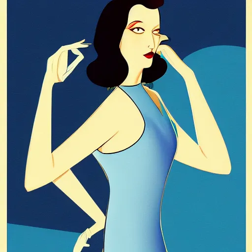 Image similar to a digital painting of a woman in a blue dress, an art deco painting by Patrick Nagel,, deviantart contest winner, art deco, matte drawing, storybook illustration, matte painting