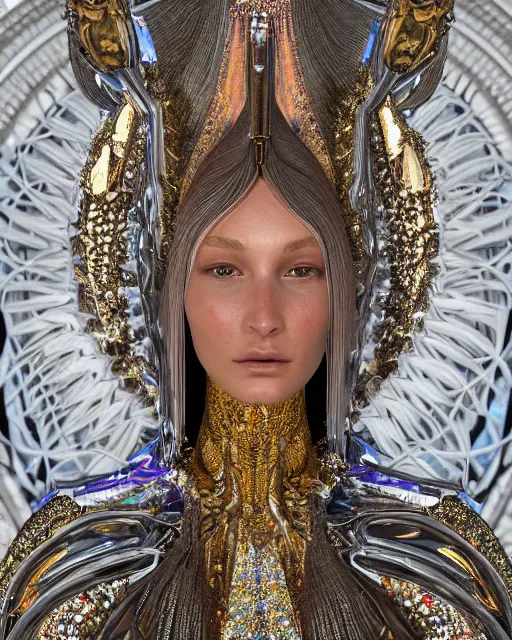 Image similar to a highly detailed metahuman 4 k close up render of an alien goddess bella hadid monument jibaro renaissance in iris van herpen dress schiaparelli in diamonds crystals swarovski and jewelry iridescent in style of alphonse mucha gustav klimt trending on artstation made in unreal engine 4