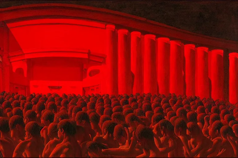 Image similar to only with red, a red great emperor, taormina amphitheatre, crowd with big smile, in the style of beksinski, parts by edward hopper, parts by rodcenko, parts by yue minjun, intricate and epic composition, red by caravaggio, insanely quality, highly detailed, masterpiece, red light, artstation, 4 k