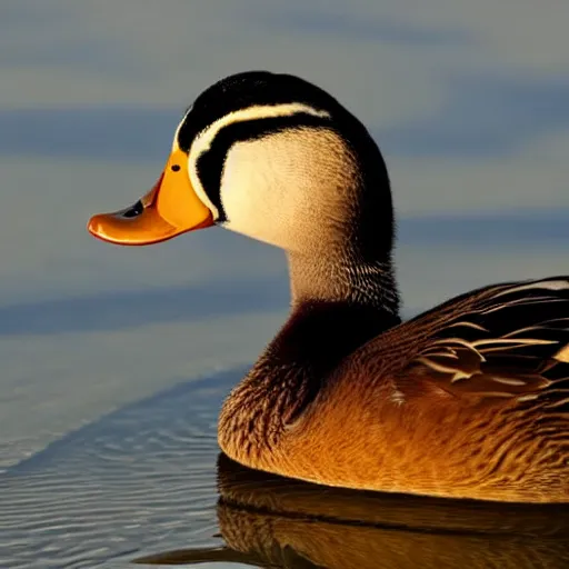 Image similar to A high detail closeup shot of a duck wearing a suit