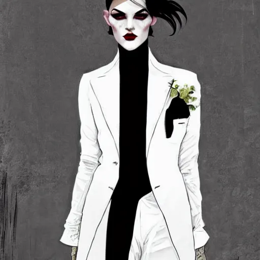 Image similar to beautiful portrait of androgynous ruby rose as desire from sandman in a white tuxedo!!!, rockabilly style, by alphonse mucha, cedric peyravernay, by jeremy mann, by frank moth, white suit and black tie, soft lightning, high detailed, 8 k