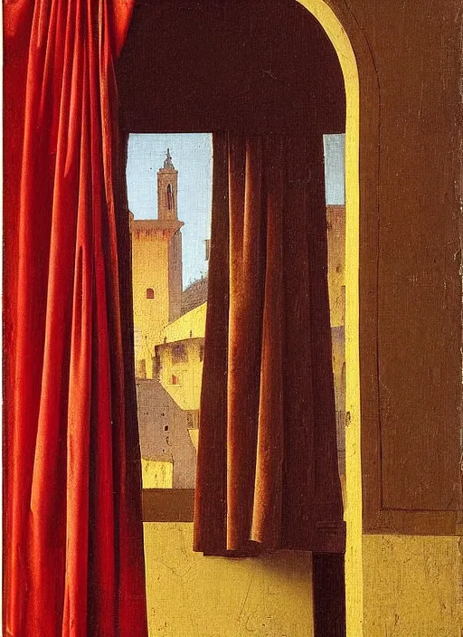 Image similar to red curtain, medieval painting by jan van eyck, johannes vermeer, florence