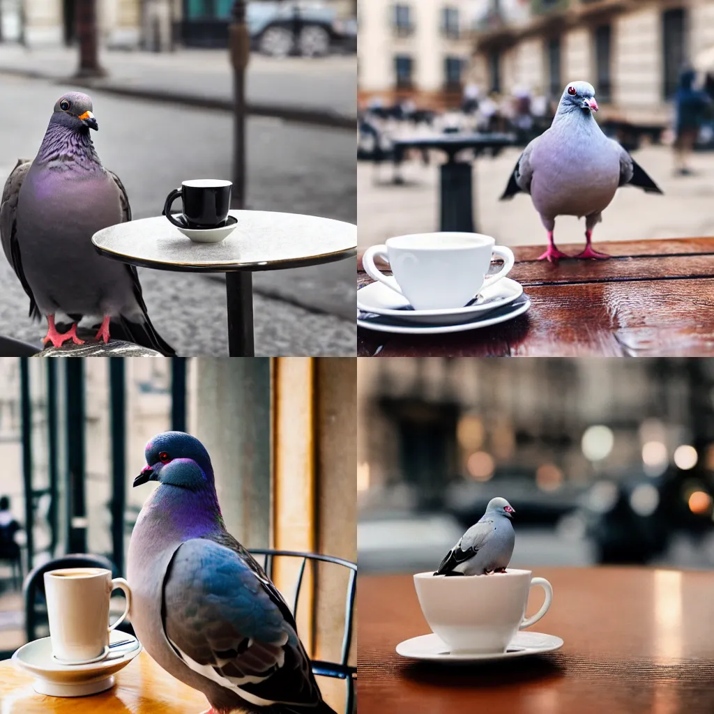 Prompt: an argentic photography of a pigeon wearing a suit sitting at a Parisian cafe, a coffee cup is on the table