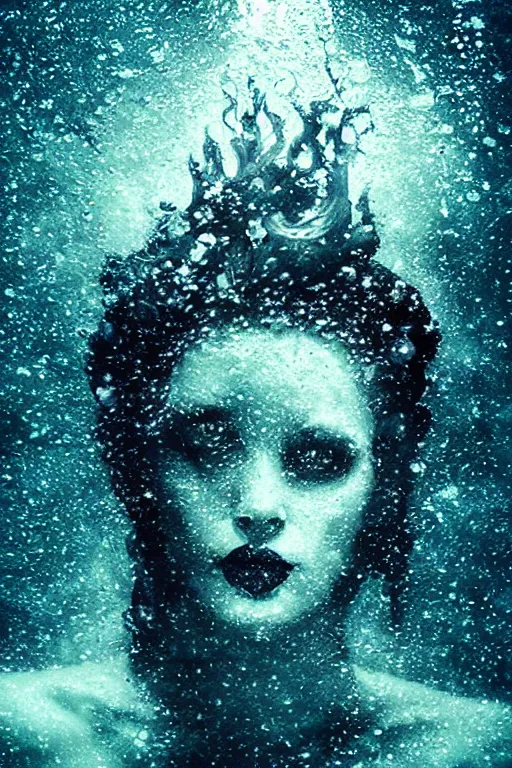 Prompt: dark underwater portrait of the moon queen of the ocean