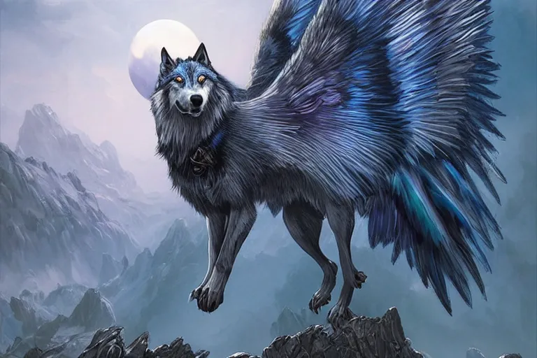 Image similar to Blue feathered wolf with wings on a beautiful fantasy landscape, hills, mountains, moonlit, HD, illustration, epic, D&D, fantasy, intricate, elegant, highly detailed, digital painting, artstation, concept art, smooth, sharp focus, illustration, wallpaper, art by artgerm and greg rutkowski and alphonse mucha and jin xiaodi and anthony devine