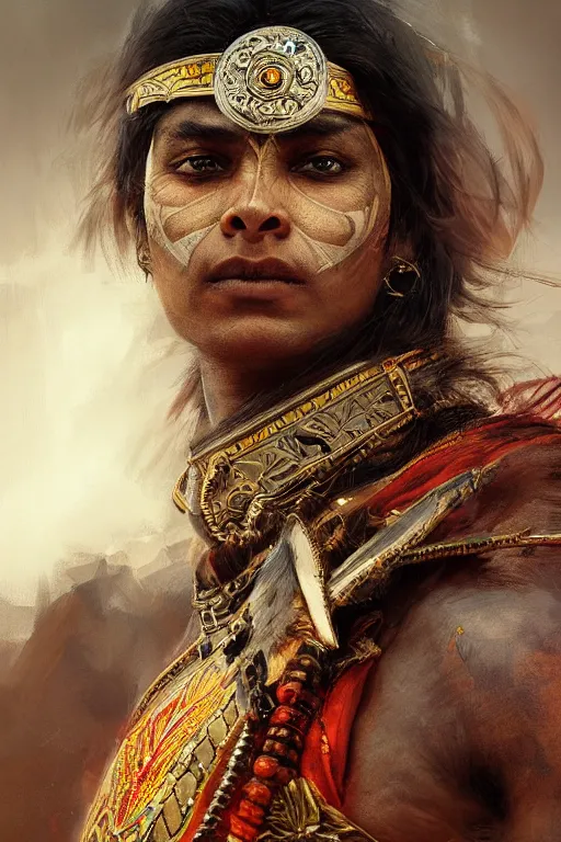 Image similar to indian warrior, close - up portrait, fierce, intricate, elegant, volumetric lighting, scenery, digital painting, highly detailed, artstation, sharp focus, illustration, concept art, ruan jia, steve mccurry