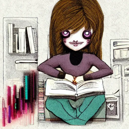 Image similar to a lofi girl studying with oversized eyes, in the style of david cronenberg