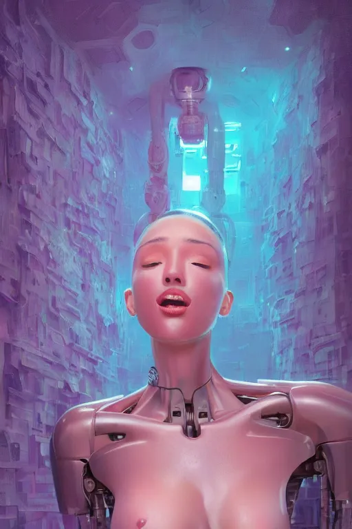 Prompt: attractive female i robot sticking tongue out sensually and sweating, torso portrait, intricate, elegant, purple volumetric lighting, scenery, digital painting, highly detailed, artstation, sharp focus, illustration, concept art, luis rollo, ruan jia, steve mccurry, john berkey