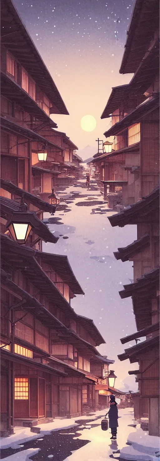 Image similar to empty rural japanese town at night, winter, in the style of studio ghibli, j. c. leyendecker, greg rutkowski, artem